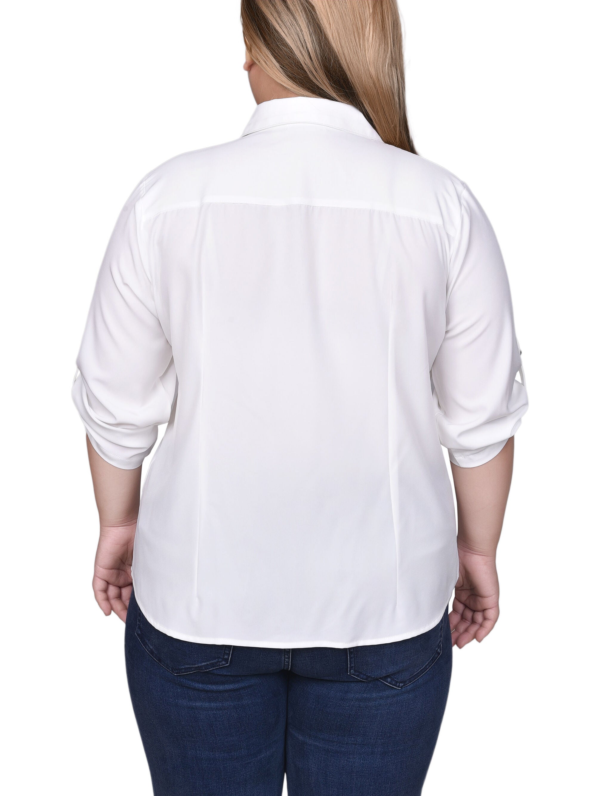 3/4 Roll Tab Sleeve Zip Front Top, White, alternate image number 2