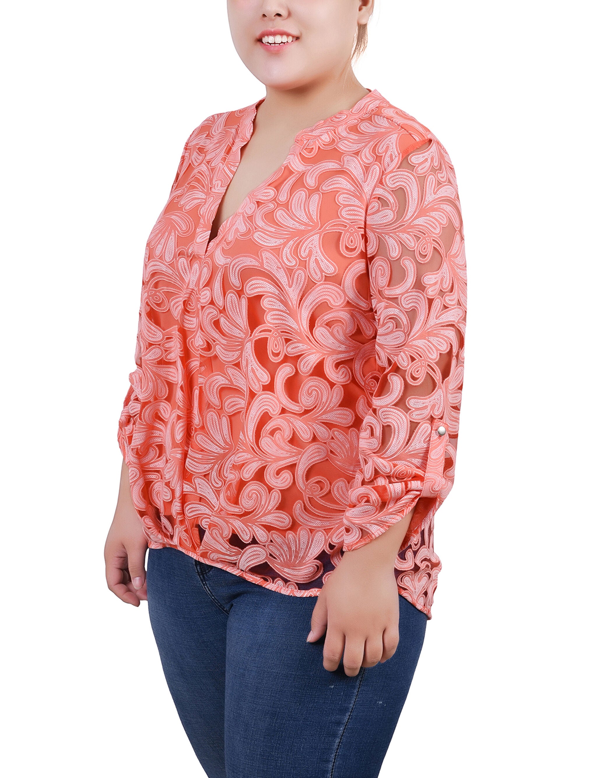Long Sleeve Burnout Y Neck Blouse, Klee Coral Scrolleaf, alternate image number 1