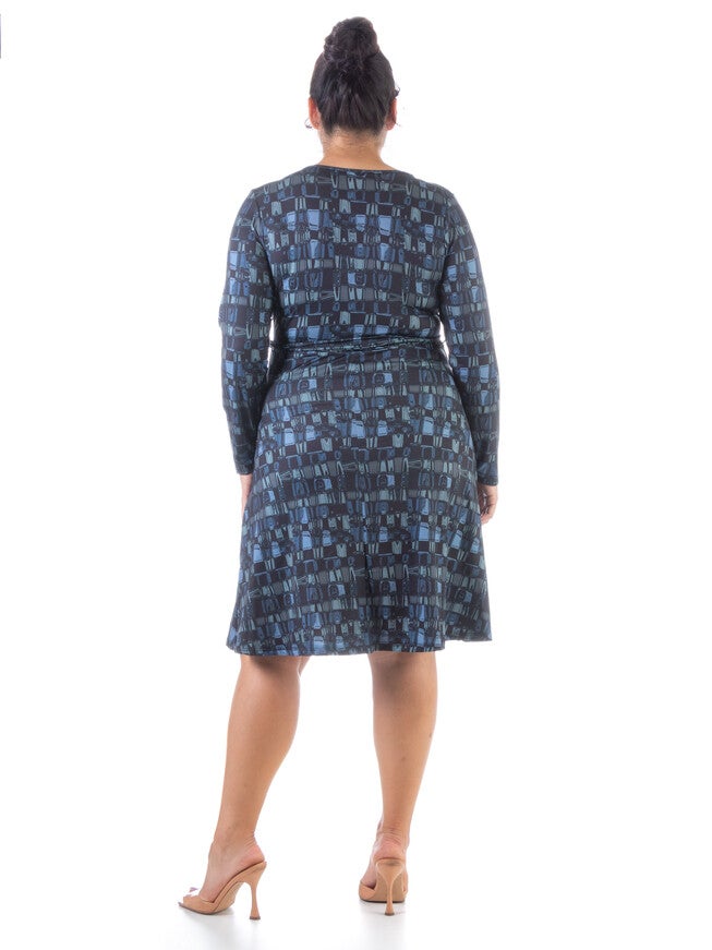Grey Plus Size Long Sleeve Knee Length Faux Wrap Dress, , alternate image number 1