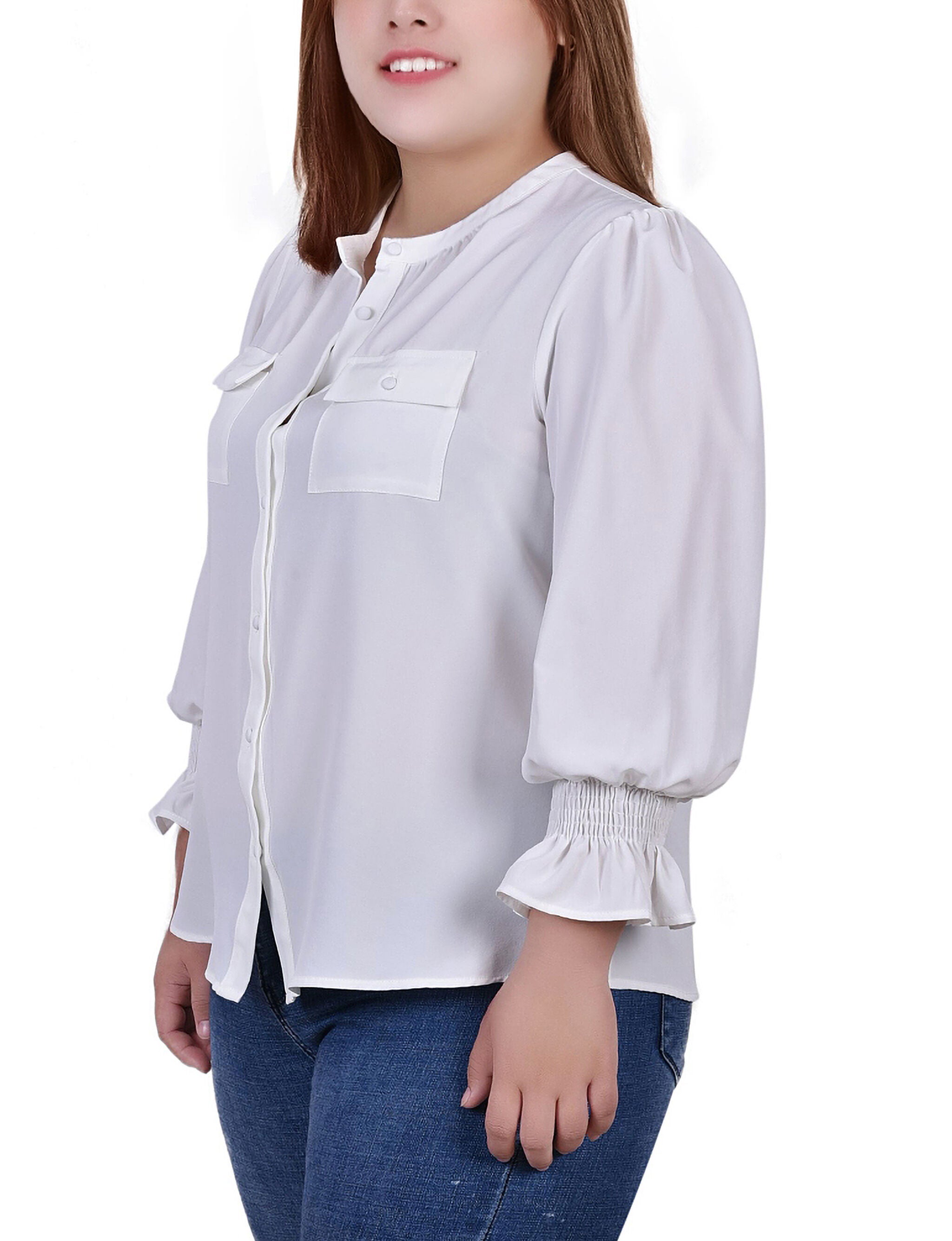 Long Sleeve Y Neck Blouse, White, alternate image number 1