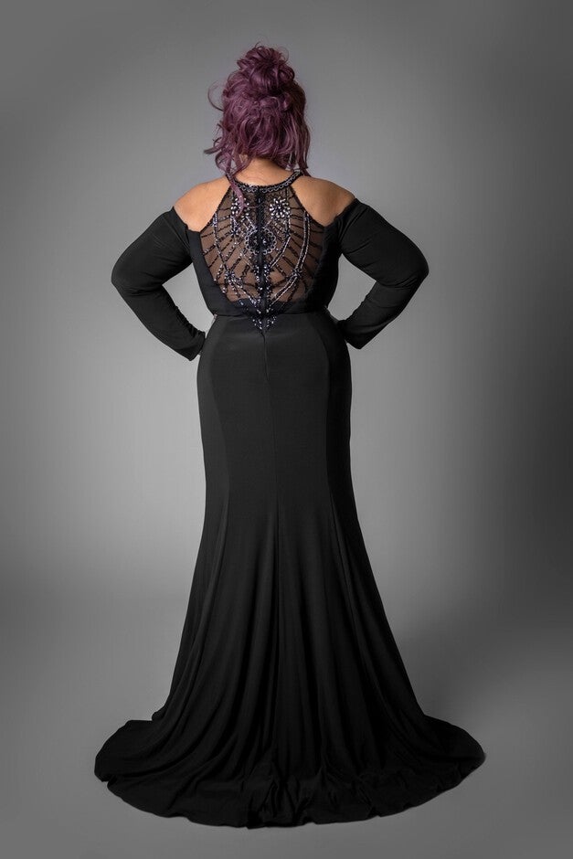Grace Beaded Cold Shoulder Halter Gown, , alternate image number 1