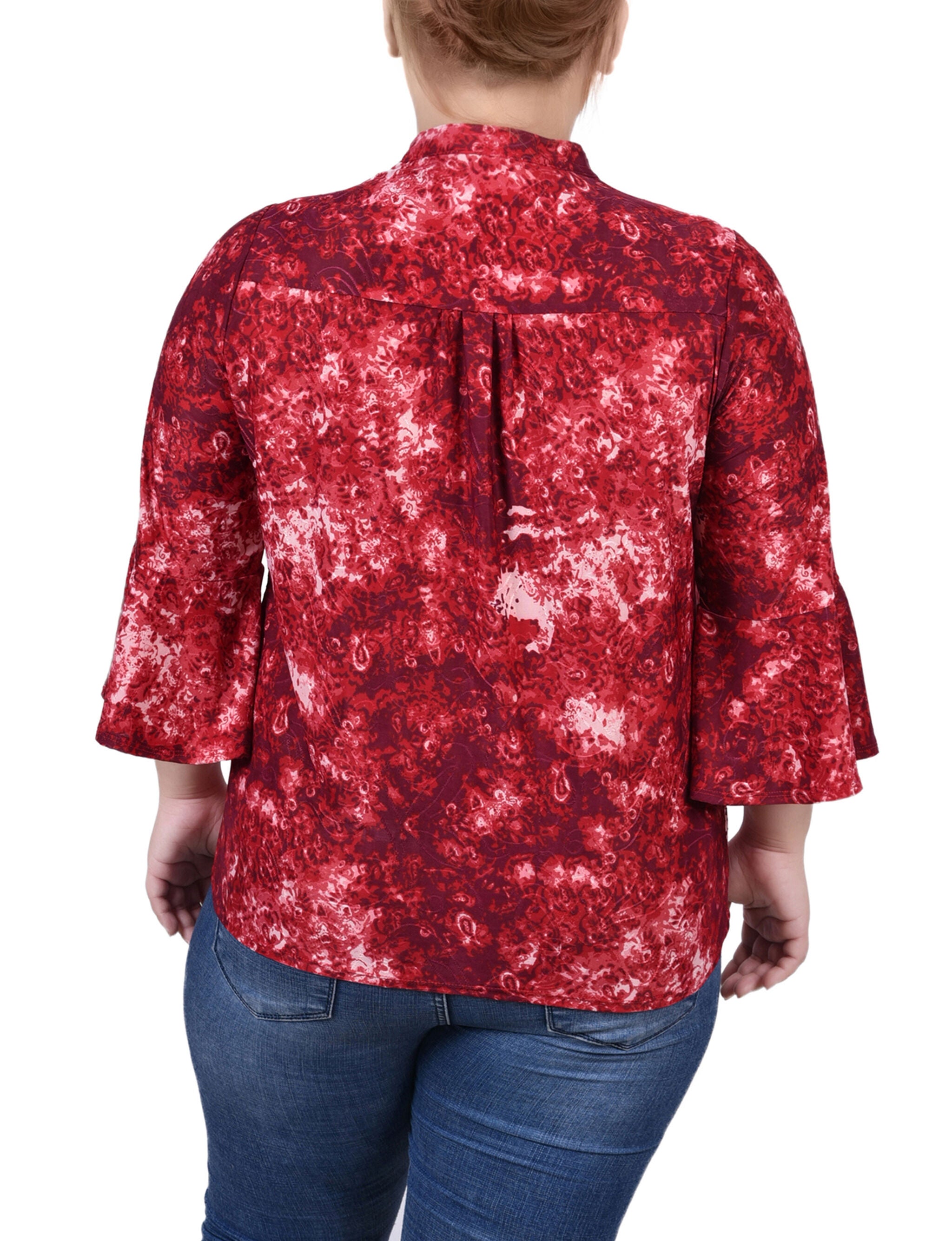 3/4 Bell Sleeve Pleat Front Y Neck Top, Wine Geobreeze, alternate image number 2
