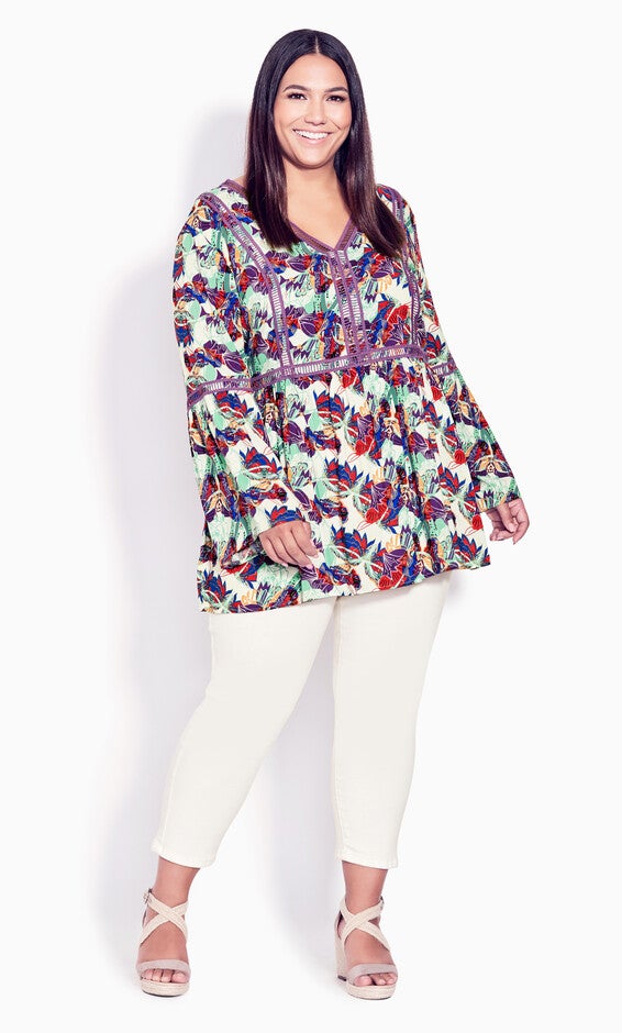 Boho Bell Sleeve Top - ivory abstract, , alternate image number 1