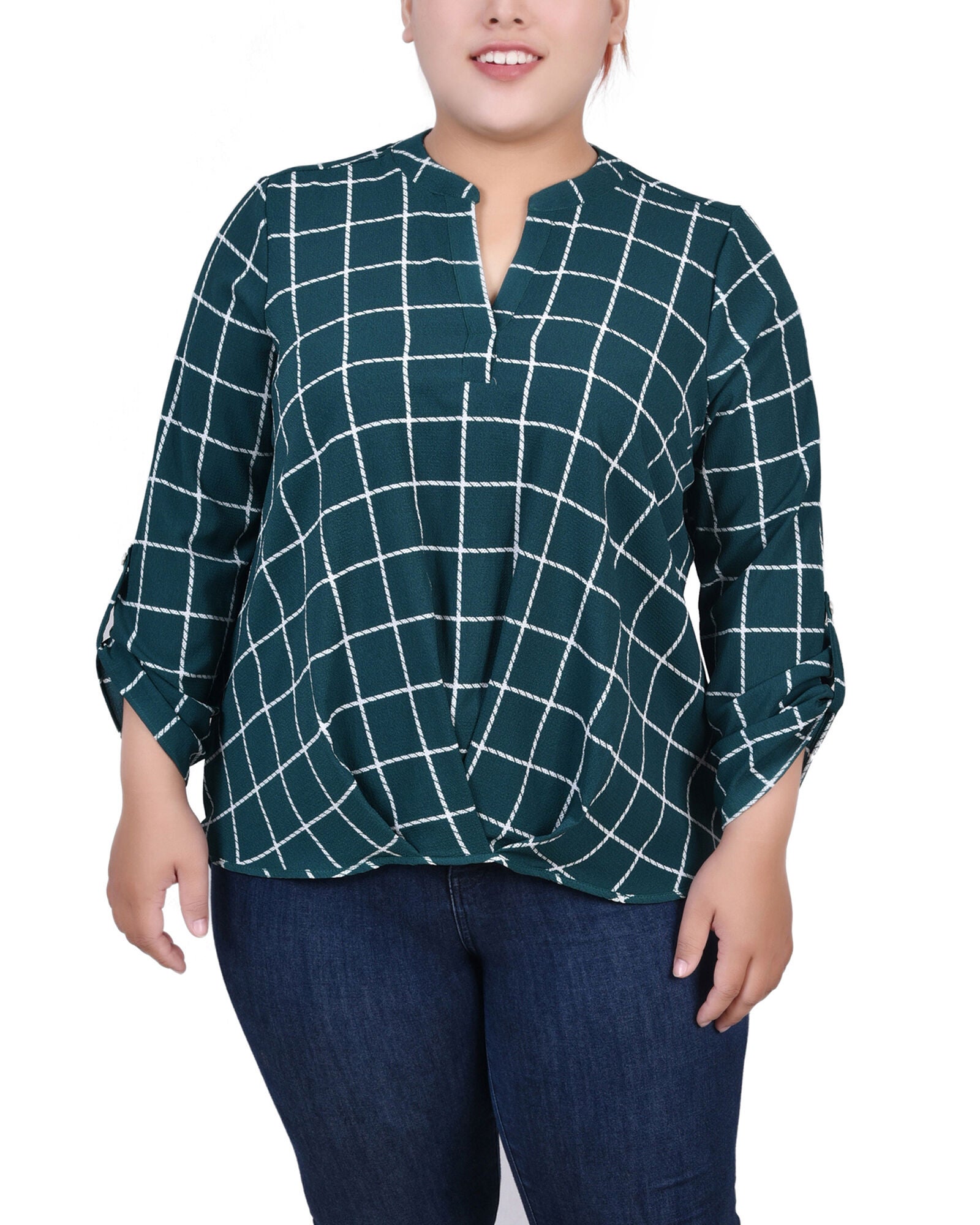 3/4 Sleeve Mandarin Collar Blouse With Front Pleats | OneStopPlus