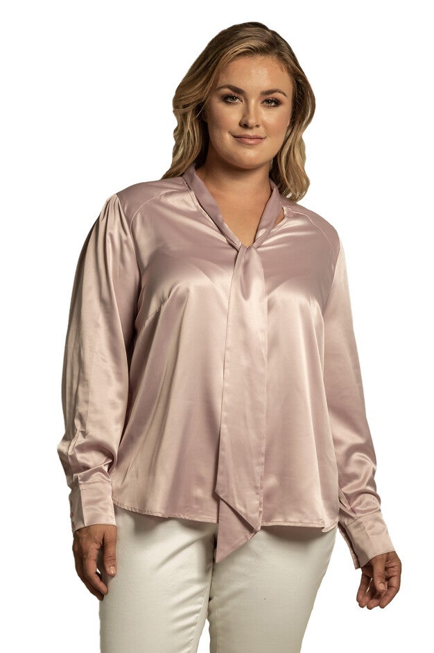 Women's Plus Size Bow-tie Neck Long Sleeve Blouse, Coral, hi-res image number null