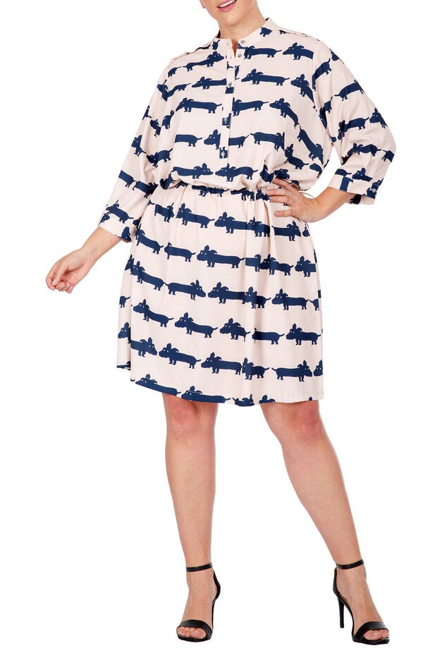 Women's Plus Size Mini Dress With Cute Dog Print And Adjustable Waist Band, Cream Navy, hi-res image number null