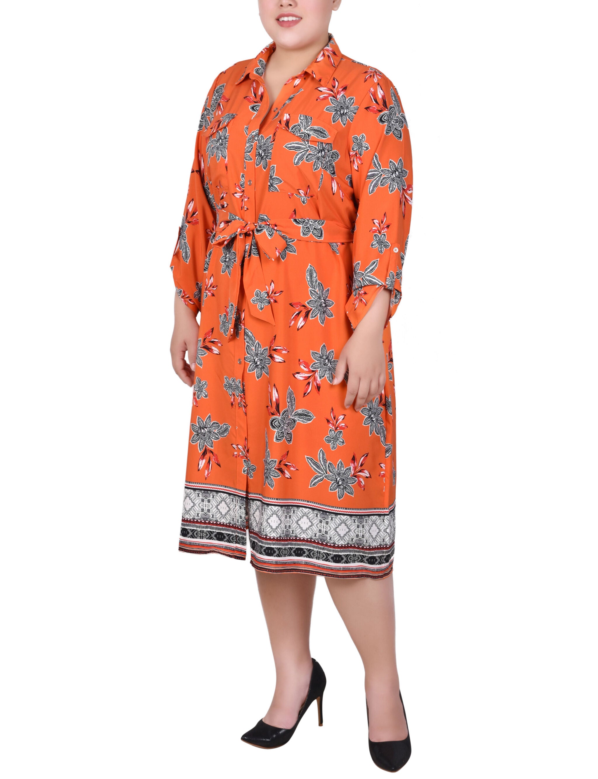 3/4 Roll Tab Sleeve Belted Shirtdress, Tiger Romegarden, alternate image number 1
