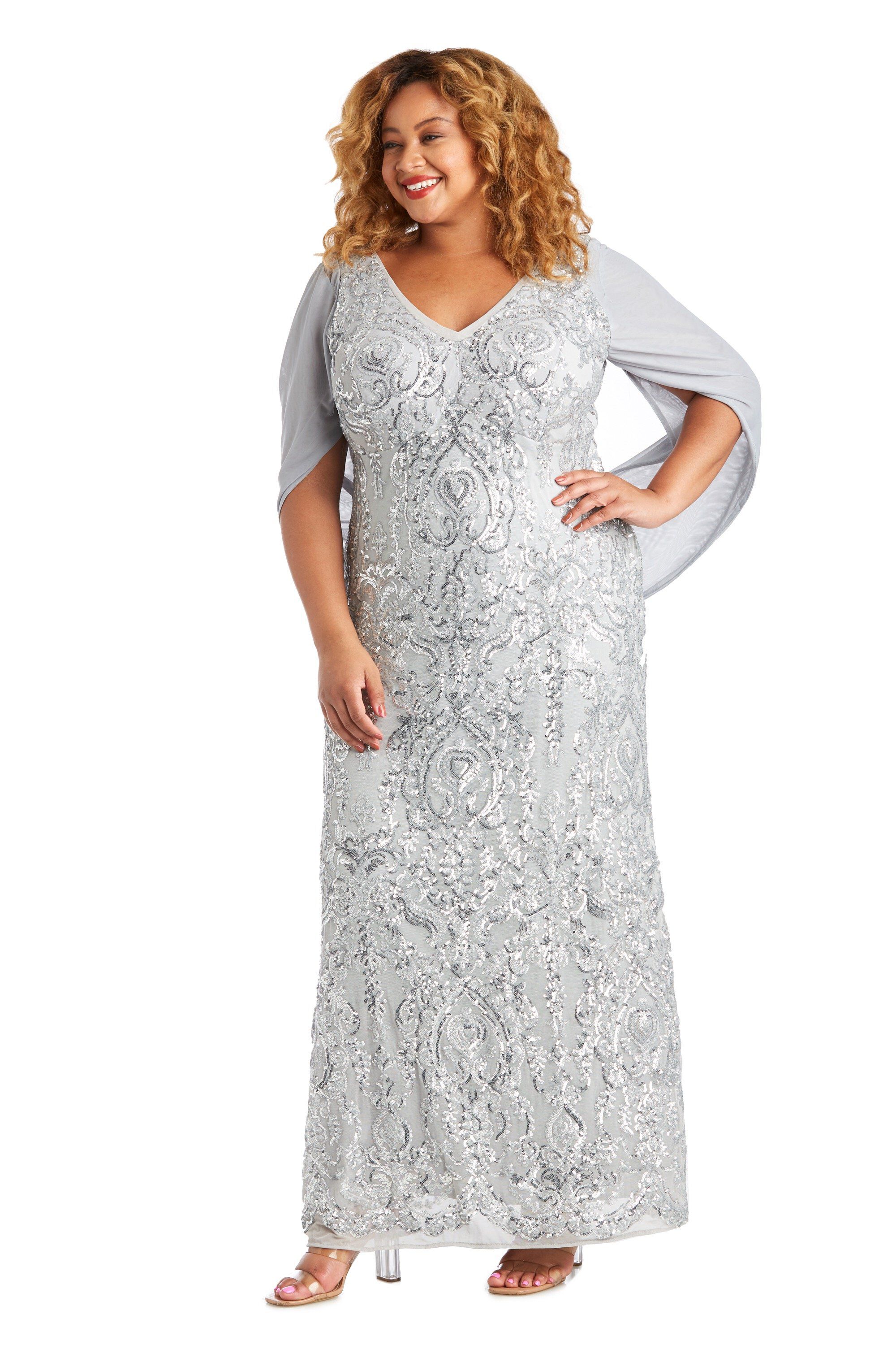 Long Beaded Lace Dress, Silver, hi-res image number 0