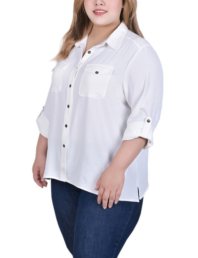 Long Sleeve Roll Tab Blouse, Ivory, alternate image number 1
