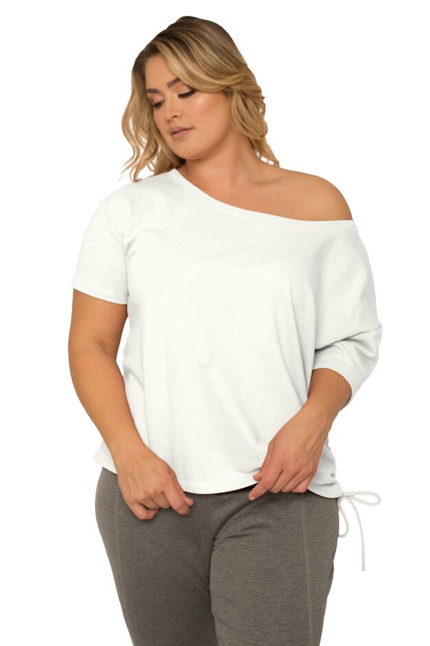 Plus Size Women's Boat Neck French Terry Ruched Tee, Cream, hi-res image number null