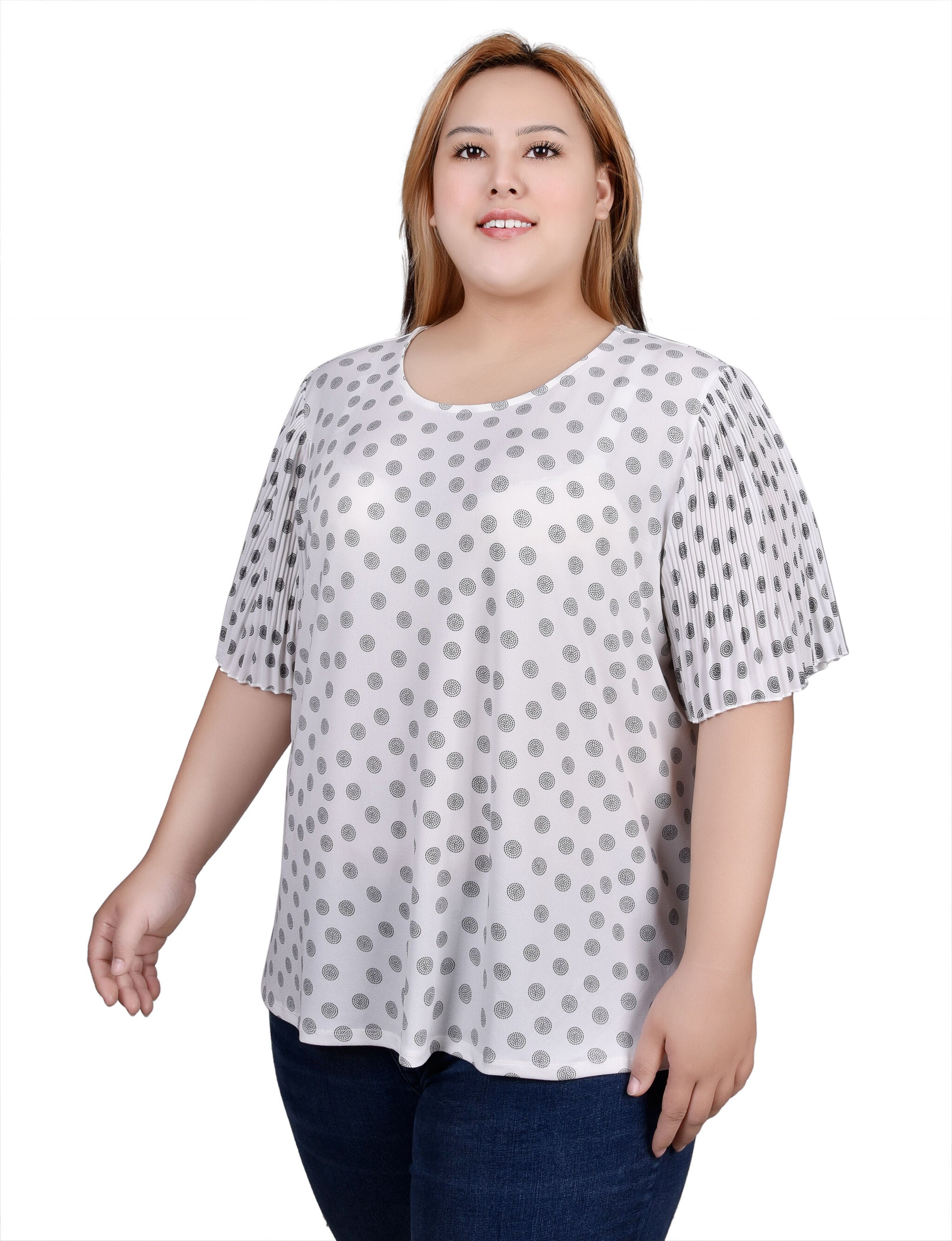 Pleated-Sleeve Top, White Black Dotcircl / white, alternate image number 2