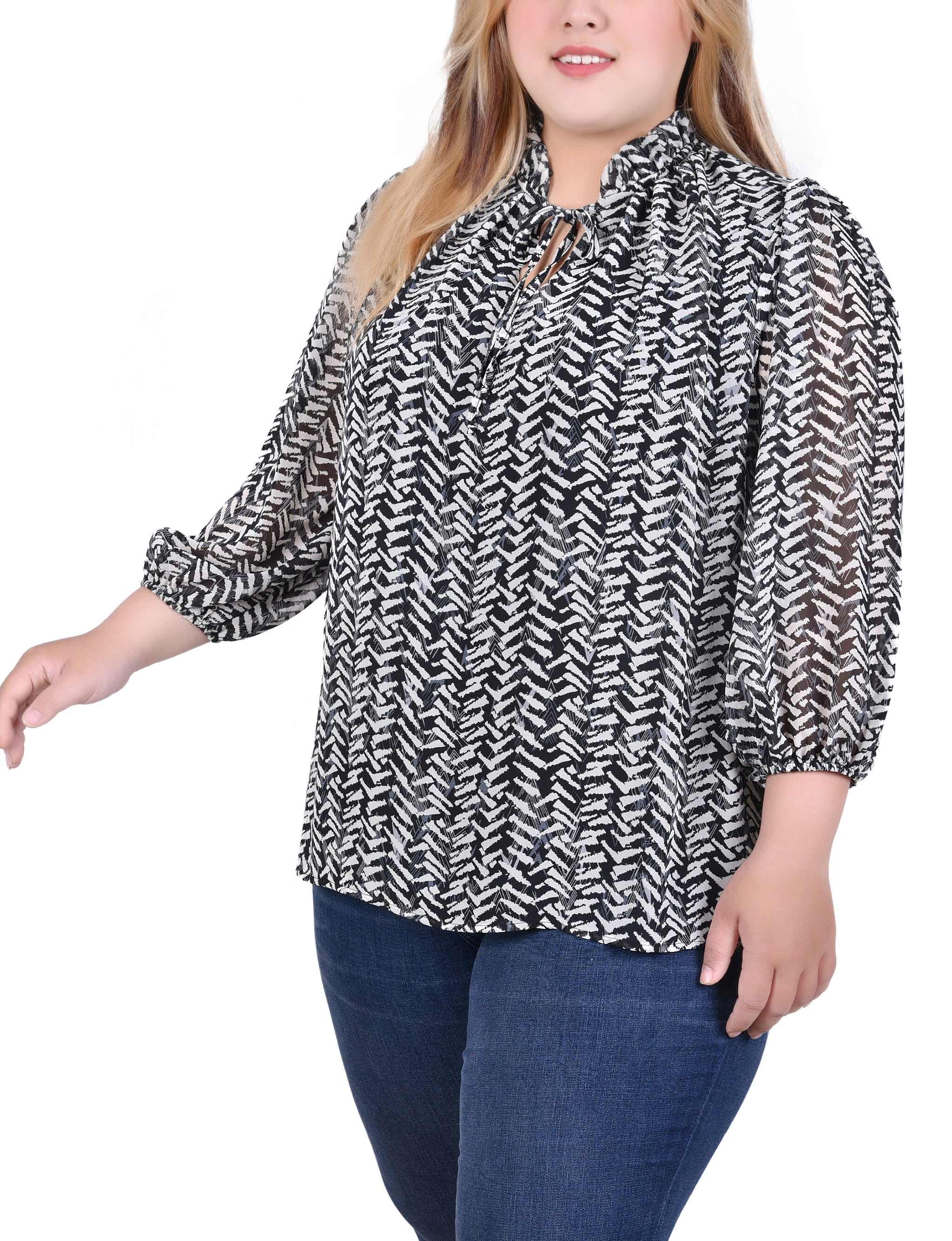 3/4 Sleeve Chiffon Blouse, Black White Chervon, alternate image number 1