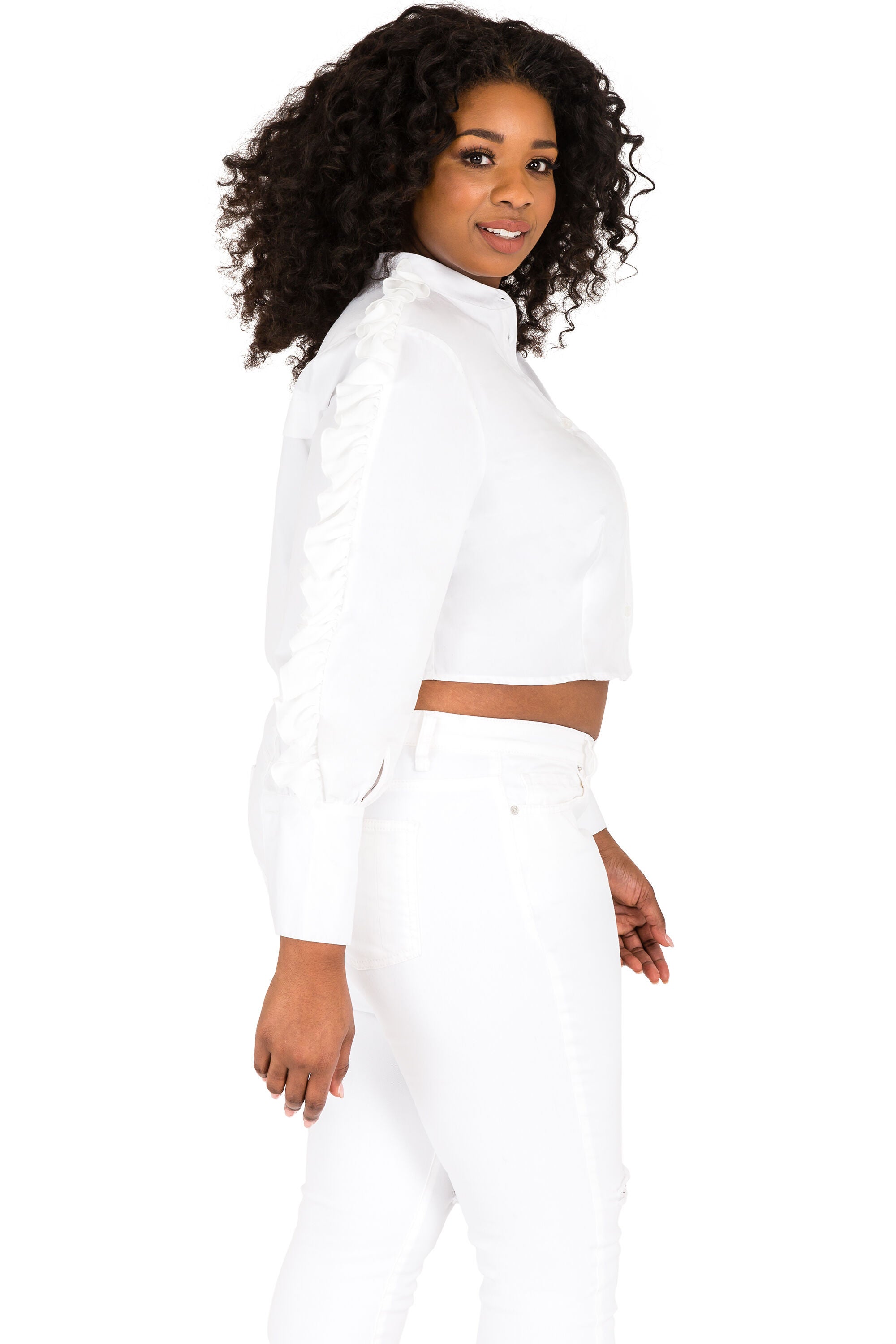 Plus Size Curvy Women's Ruffled Poplin Button-Up Shirts, , alternate image number 2