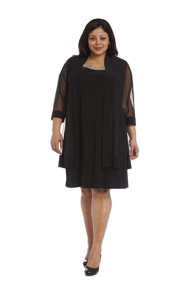Knee-Length Dress with Beaded Neckline and Soft Jacket with Sheer Sleeves, Black, hi-res image number null