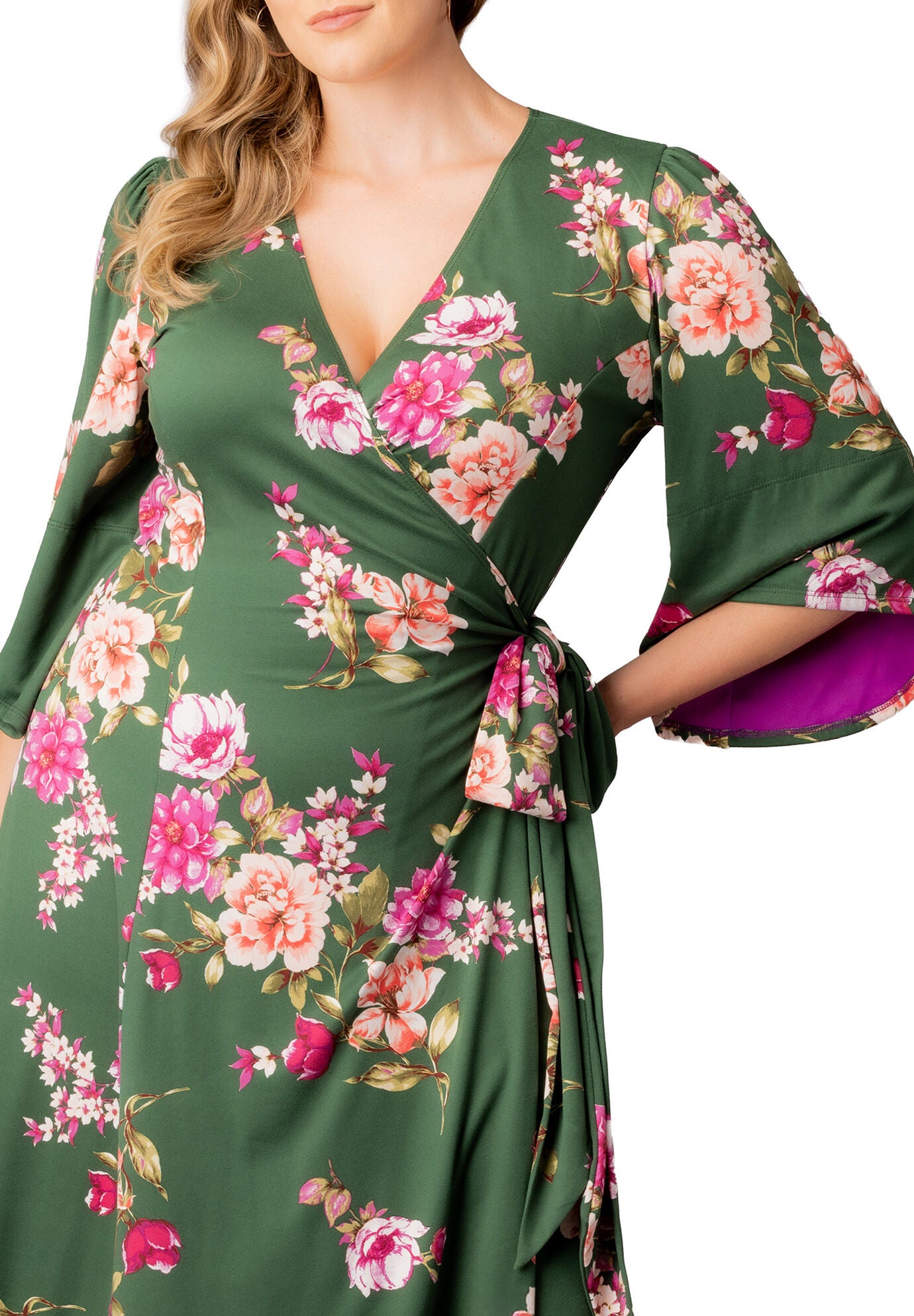 Gemini Wrap Dress, Green Floral Print / Forest Green, alternate image number 2