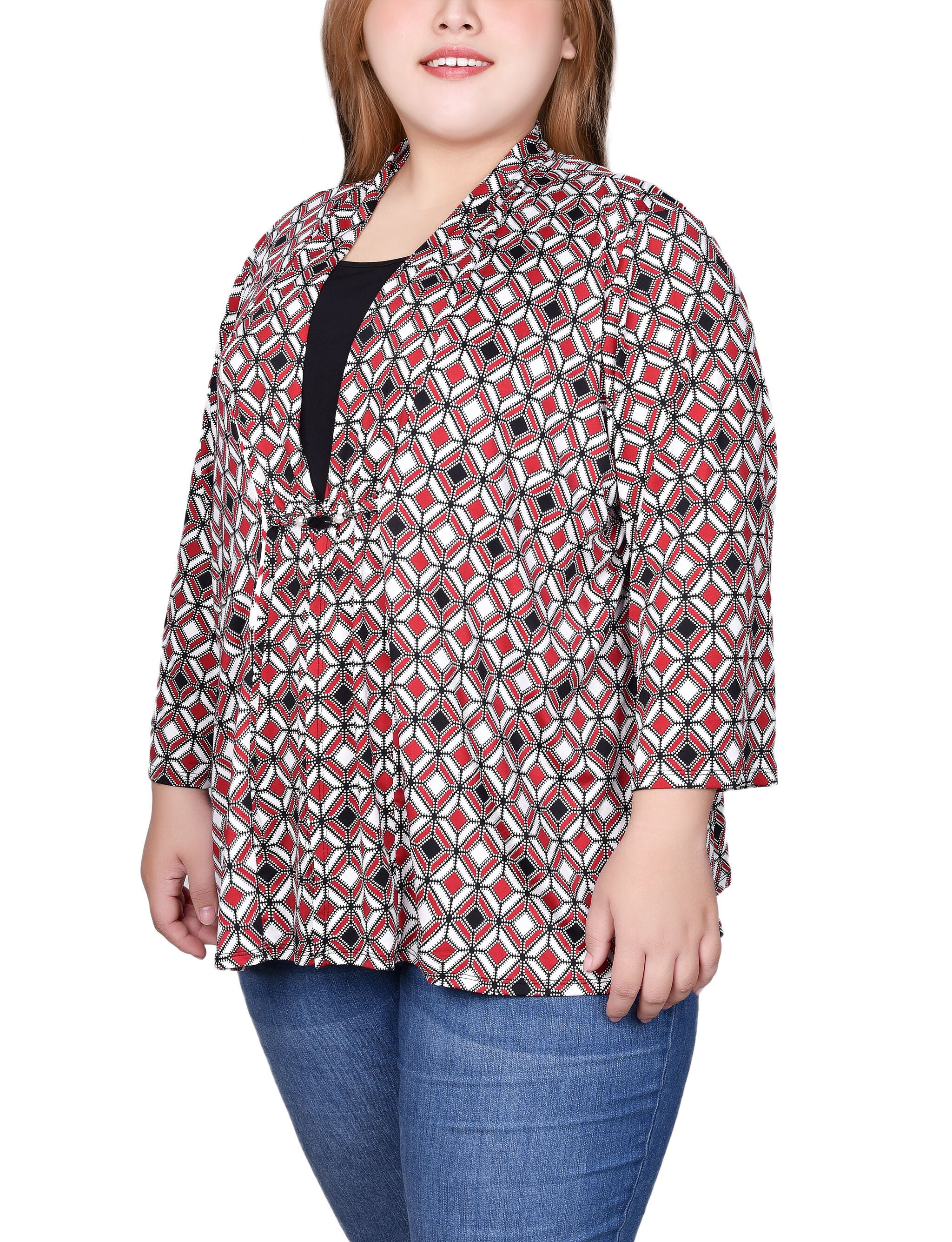 Puff Print 3/4 Sleeve Two-Fer Top, Jester Red Ivory Ge, alternate image number 2