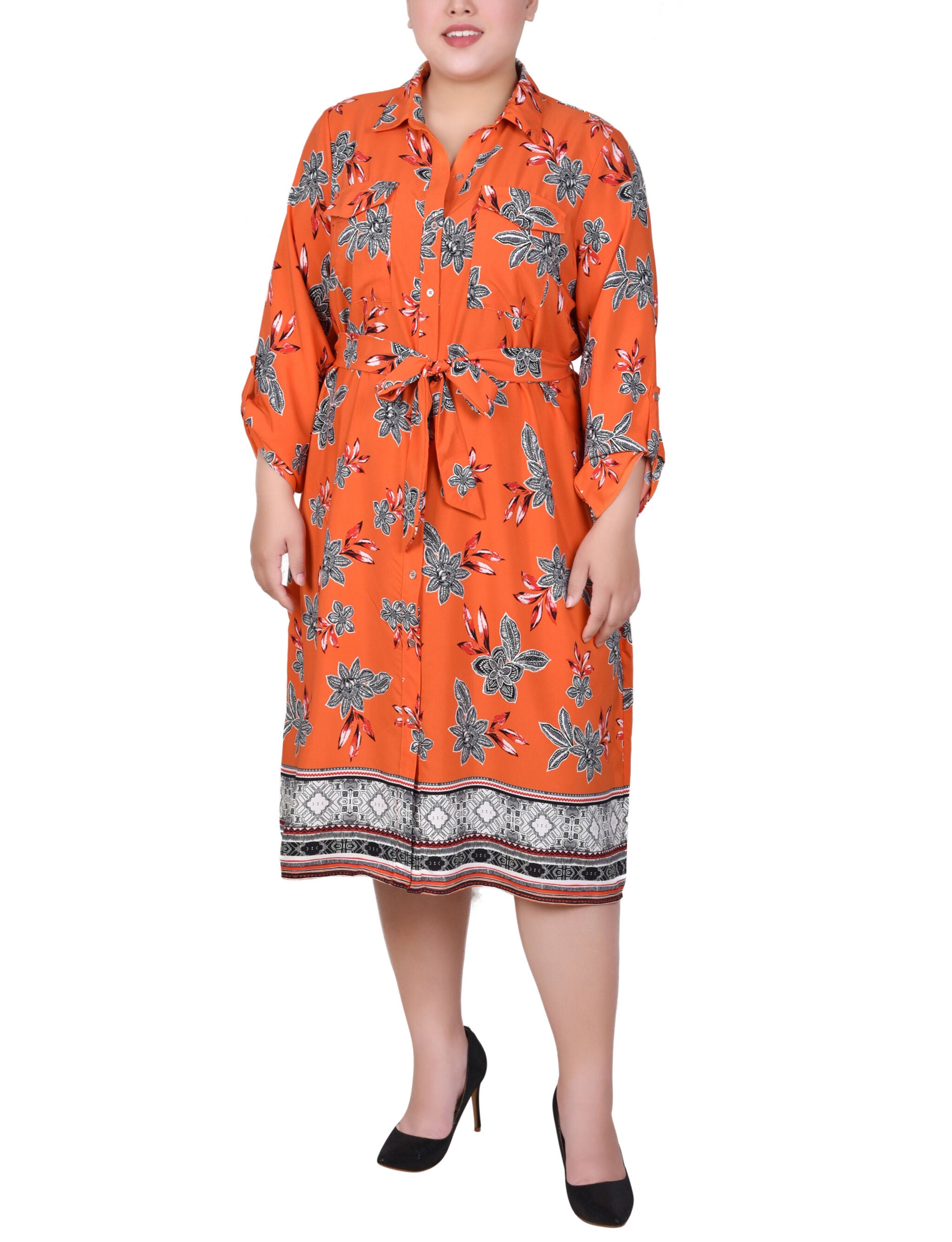 3/4 Roll Tab Sleeve Belted Shirtdress, Tiger Romegarden, hi-res image number 0