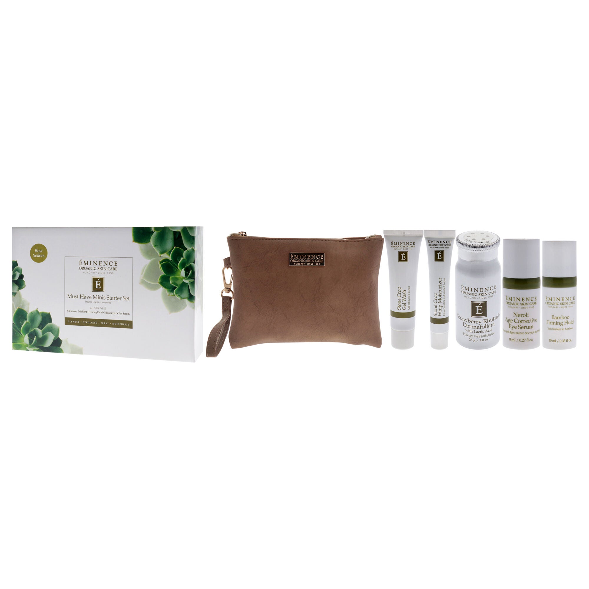 Must Have Minis Starter Set by Eminence for Unisex - 6 Pc 1oz Stone Crop Gel Wash, 1oz Strawberry Rhubarb Dermafoliant, 0.5oz Stone Crop Whip Moisturizer, 0.33oz Bamboo Firming Fluid, 0.27oz Neroli Age Corrective Eye Serum, Pouch, Multi, alternate image number 3