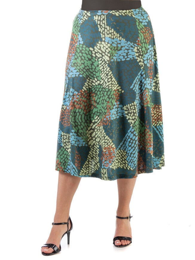 Green Print Midi Length Plus Size Skirt, MultiColor, hi-res image number null