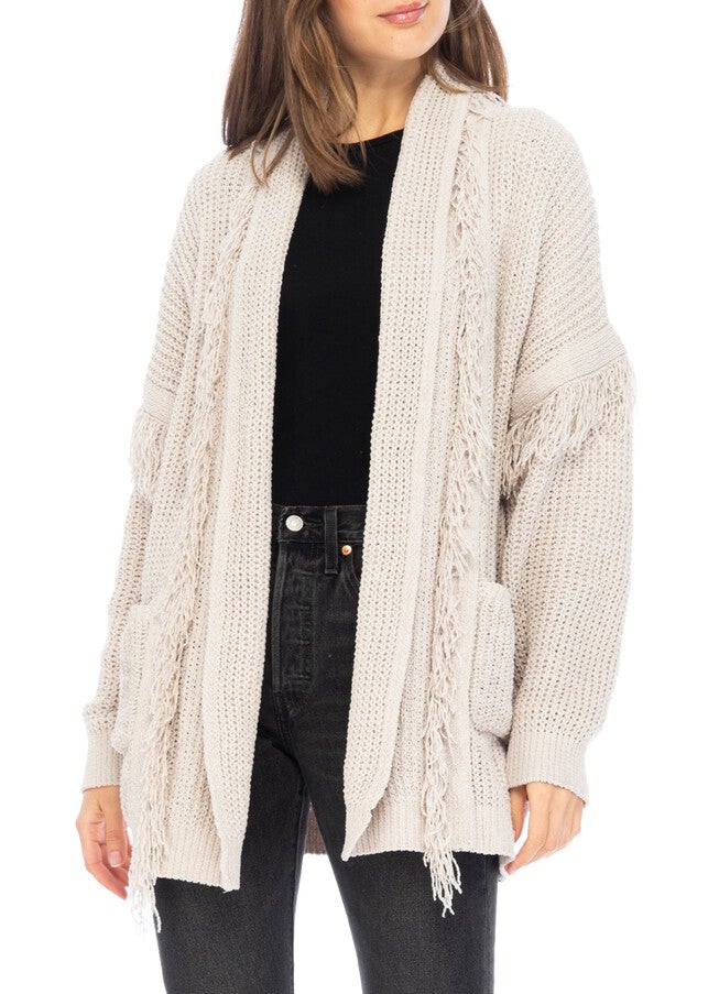 Alia Fringe Yarn Pocket Cardigan, Taupe, hi-res image number null