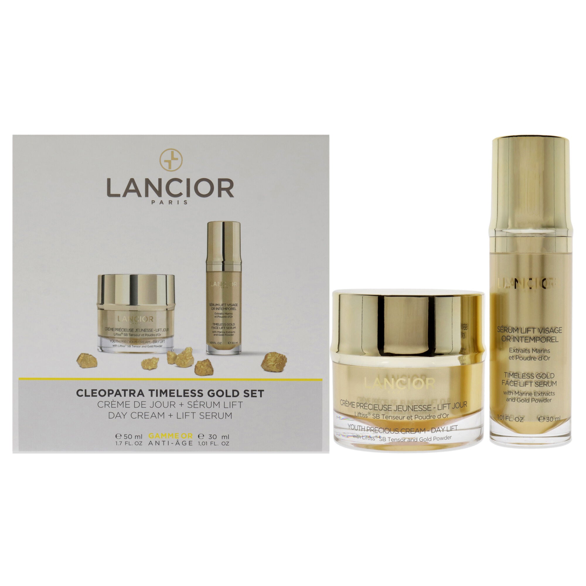 Timeless Gold Cleopatra Set by Lancior for Unisex - 2 Pc 1.7oz Youth Precious Cream - Day Lift, 1oz Timeless Gold Face Lift Serum, See Description, hi-res image number 0