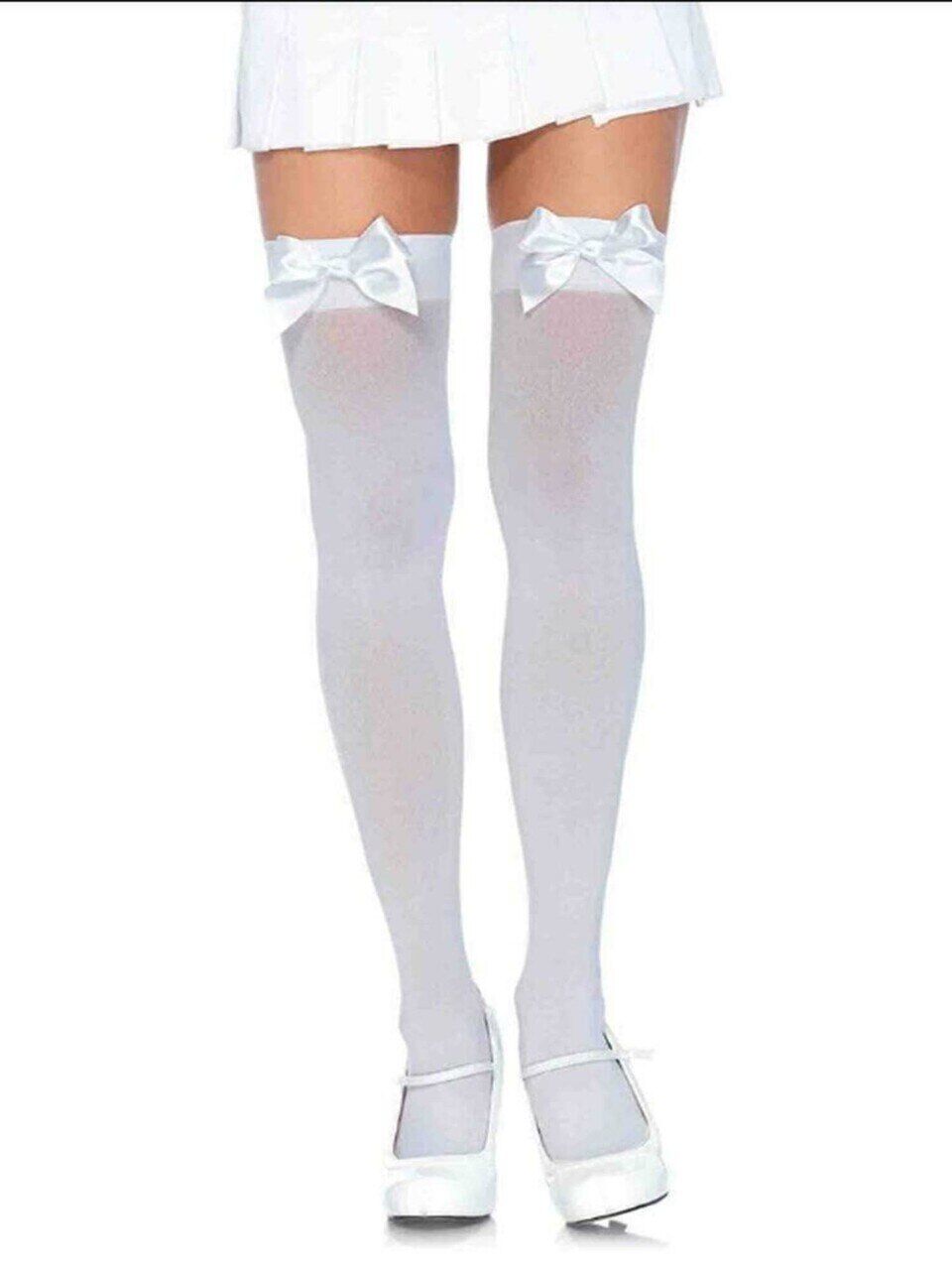 Opaque Satin Bow Thigh Highs, White, hi-res image number 0
