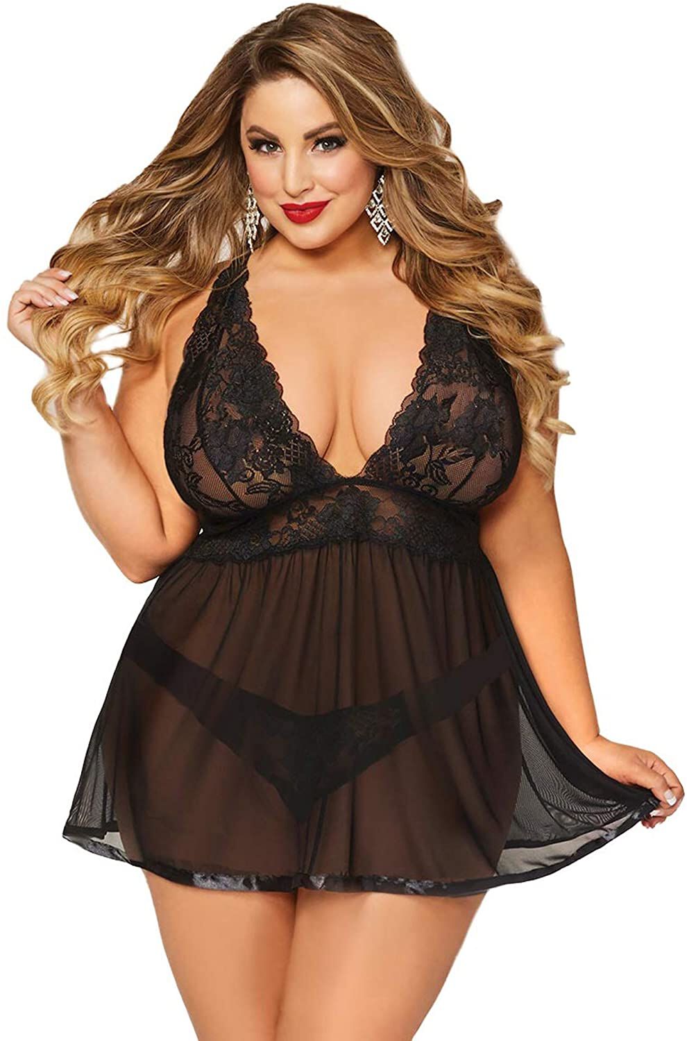 Plunging Lace Babydoll, Black, hi-res image number 0