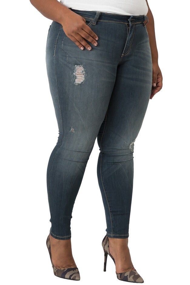 Plus Size Women's Curvy Fit Blue Vintage Wash Destroyed Jeans, , alternate image number null