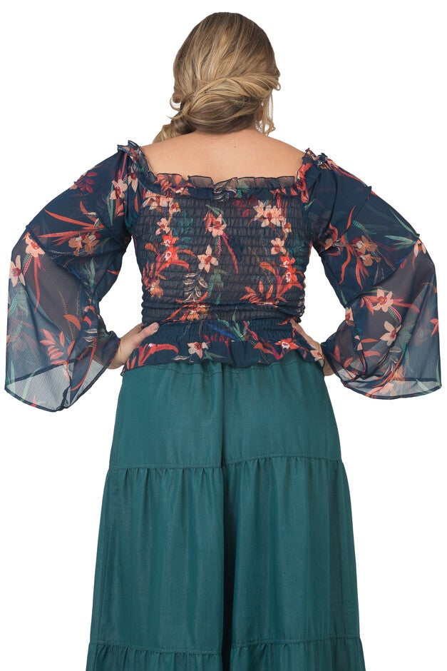Women's Plus Size Long Sleeved Smocked Blouse Tierd Sleeve Off-The-Shoulder Floral Print, , alternate image number null