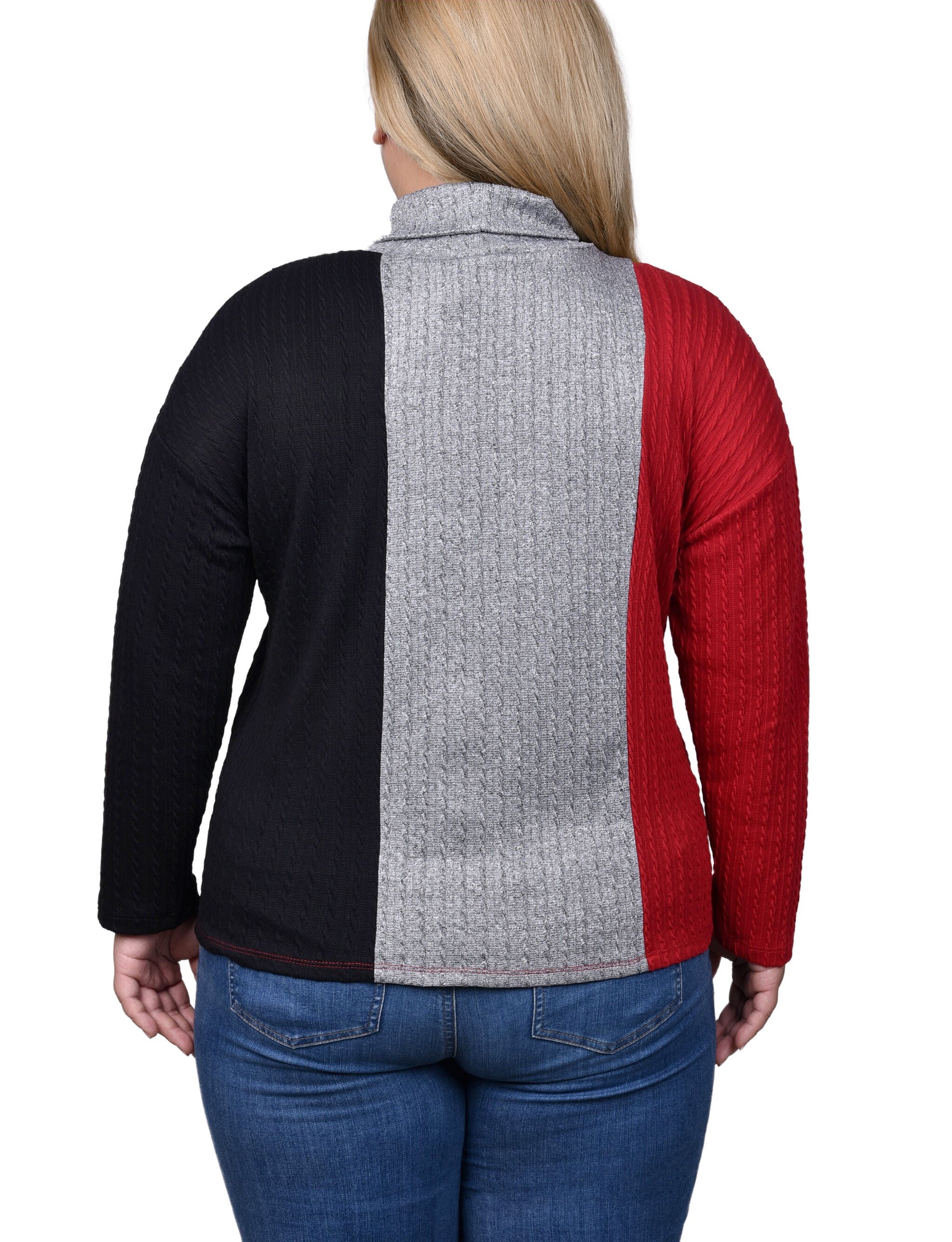 Long Sleeve Colorblocked Top, Black Charcoal Red, alternate image number 1
