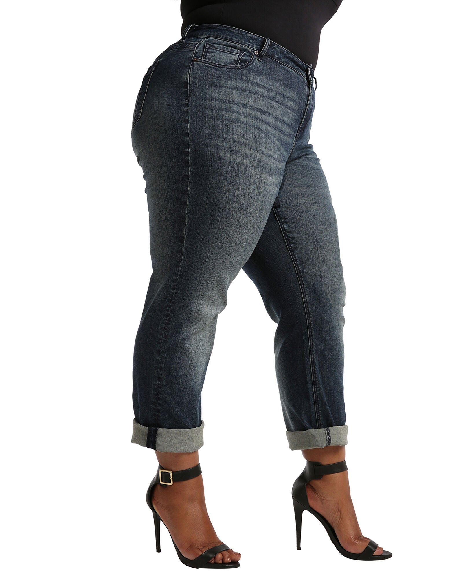 Plus Size Verla Boyfriend Jeans In Hurricane Wash W Bleach Spots & Rolled Cuffs, Blue / Dark Wash, alternate image number 2