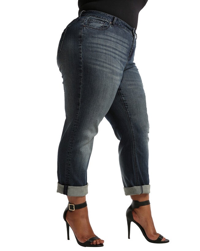 Plus Size Verla Boyfriend Jeans In Hurricane Wash W Bleach Spots & Rolled Cuffs, Blue / Dark Wash, alternate image number 2