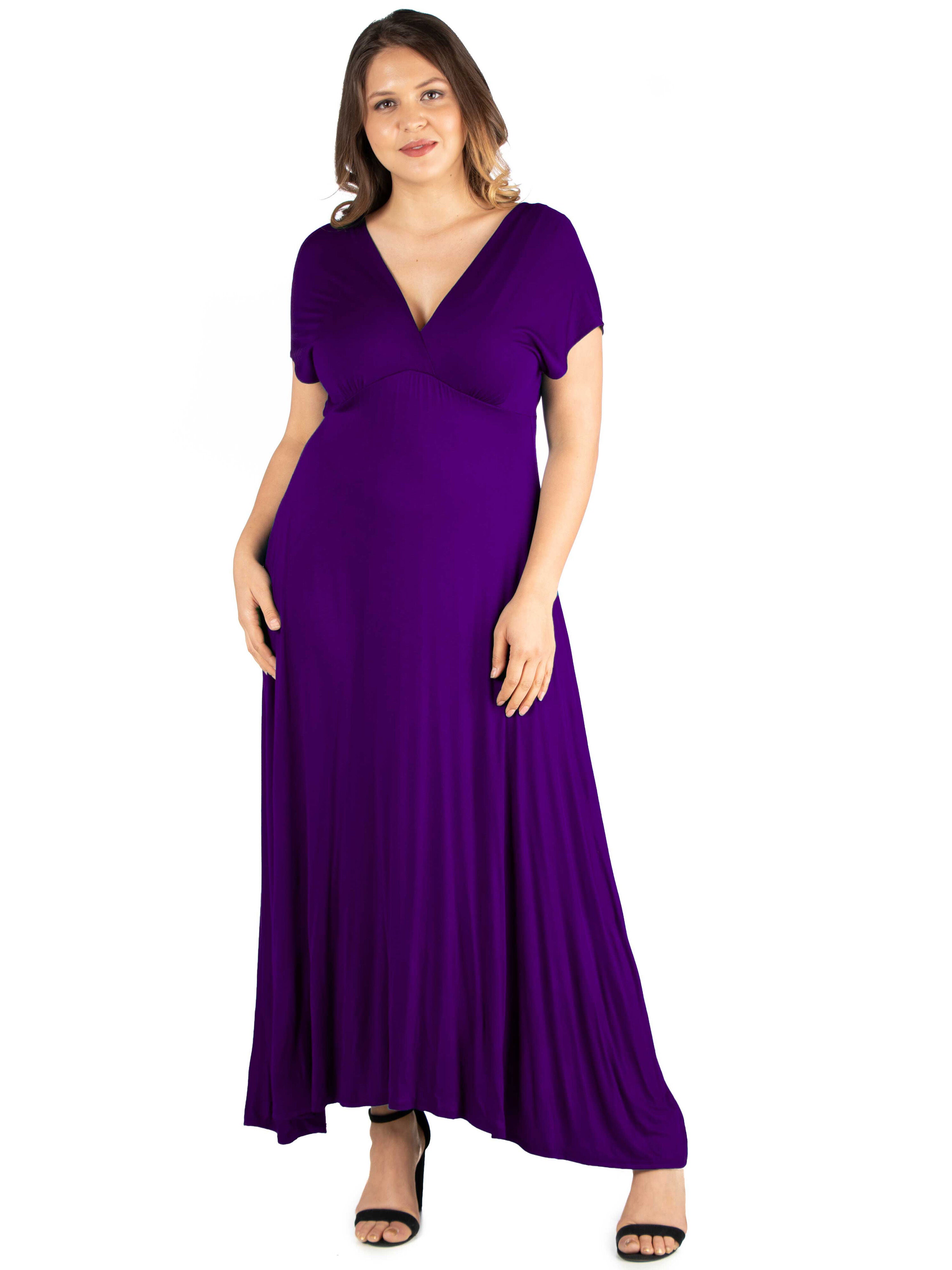 Empire Waist V Neck Plus Size Maxi Dress, Purple, hi-res image number 0