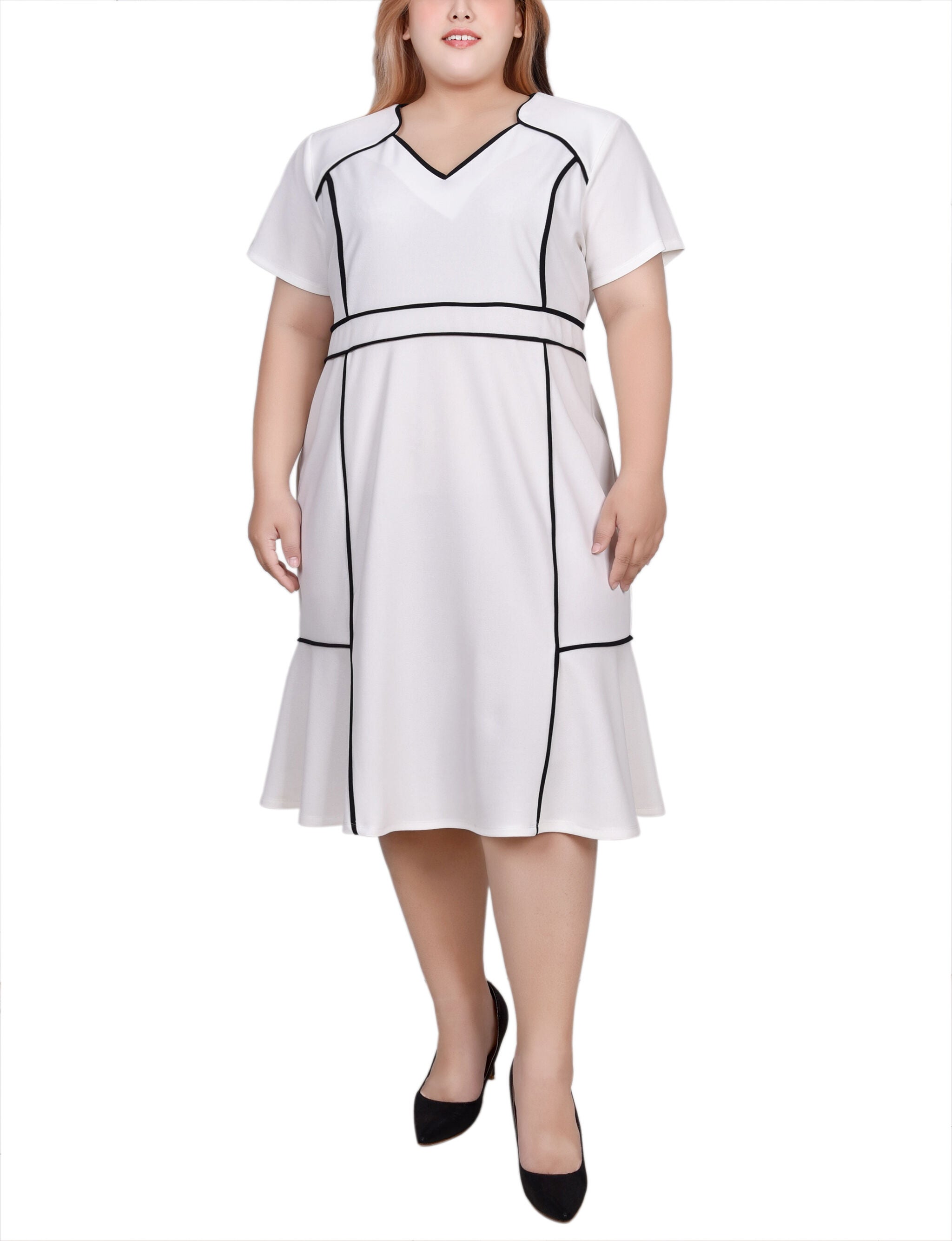 Short Sleeve Piped Detail Dress, White Black / white, hi-res image number 0