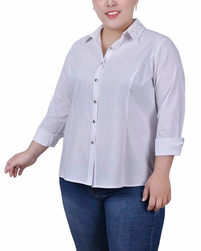 Long Sleeve Button Front Blouse, White, hi-res image number null