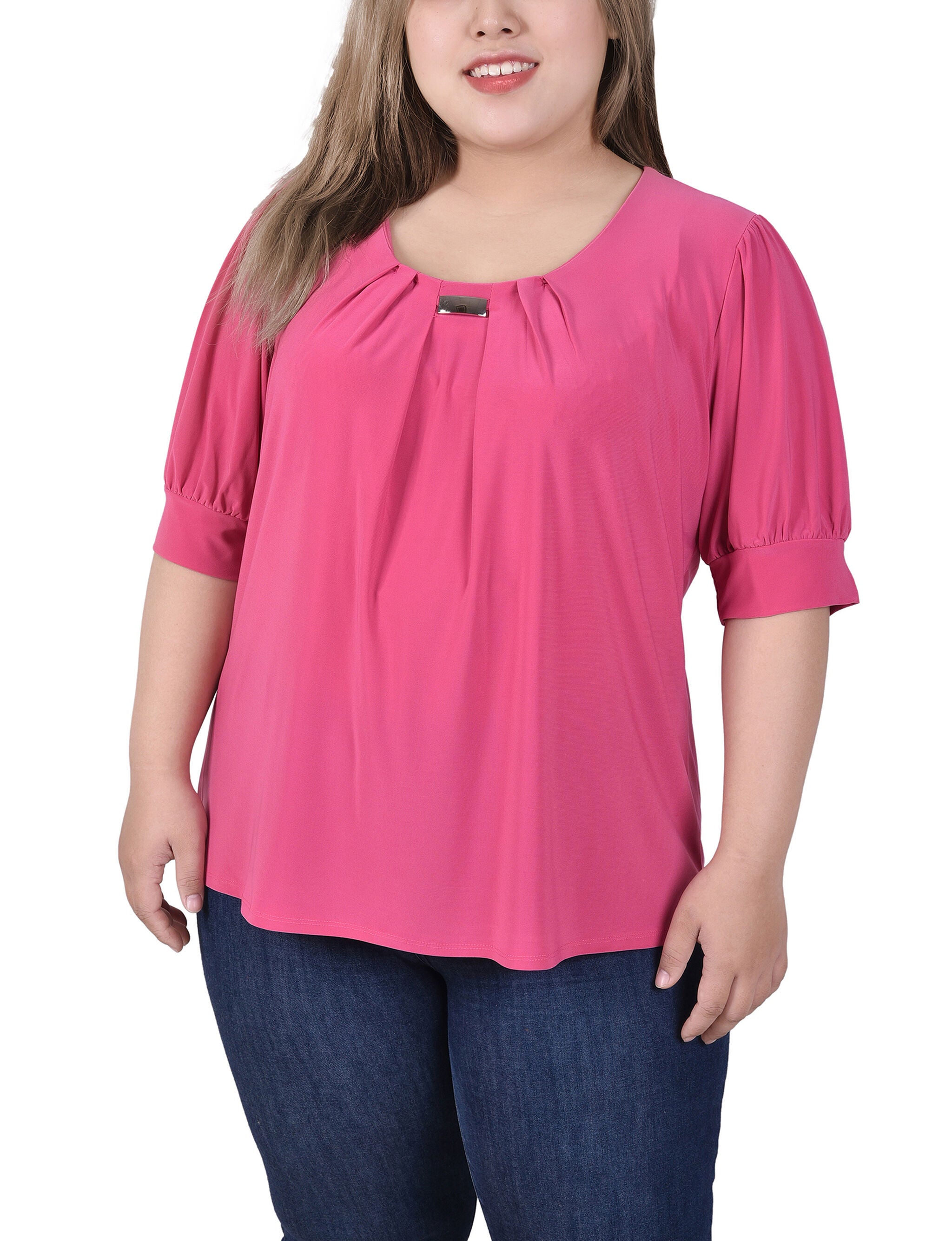 Short Sleeve Balloon Sleeve Top With Hardware, Magenta, hi-res image number 0