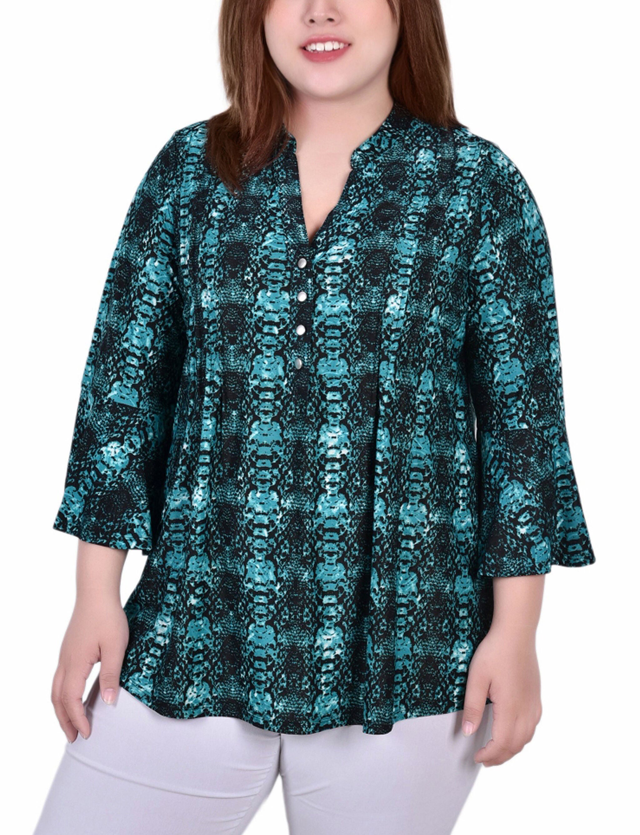 3/4 Bell Sleeve Pleat Front Y Neck Top, Teal Plaid, hi-res image number 0