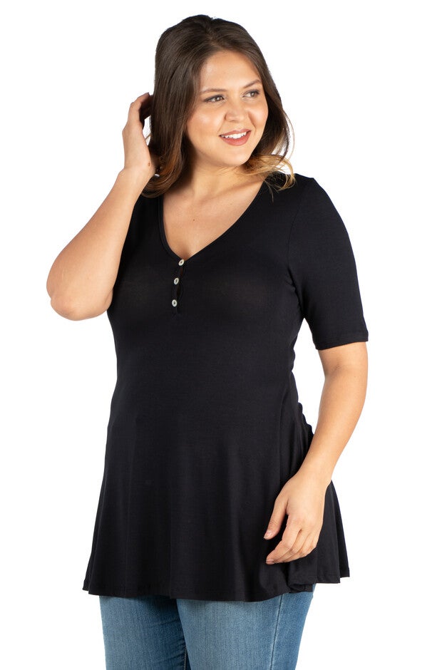 Elbow Sleeve Henley Plus Size Tunic Top, , alternate image number 2