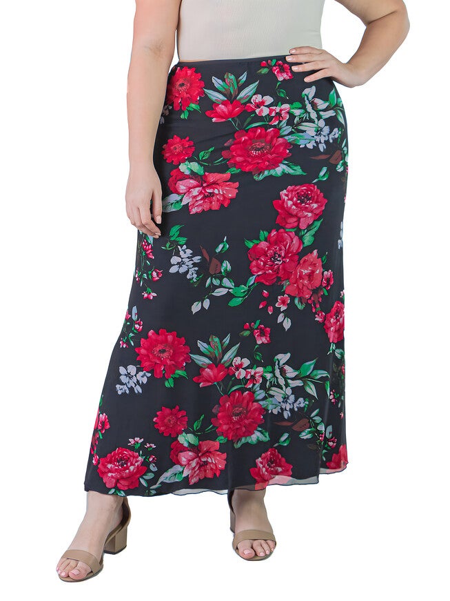 Plus Size Black and Red Floral Print Sheer Overlay Elastic Waist Maxi Skirt, , alternate image number 4