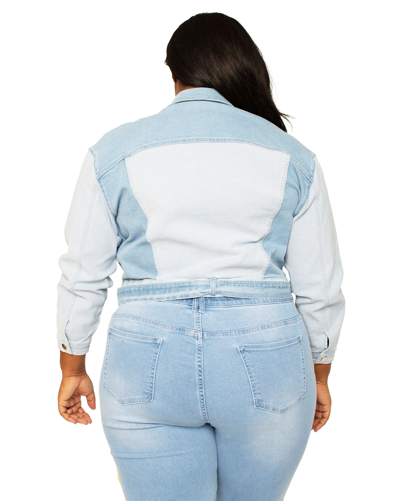 Shay Women's Plus Size Belted Dual Shade Denim Cocoon Trucker Jacket, 3209 Blue / Light Wash, alternate image number 1