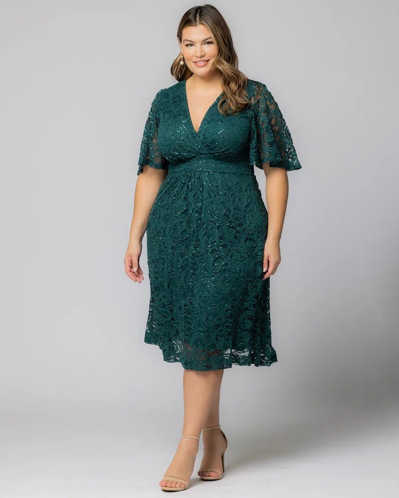 Starry Sequined Lace Cocktail Dress, Emerald Green, alternate image number 2