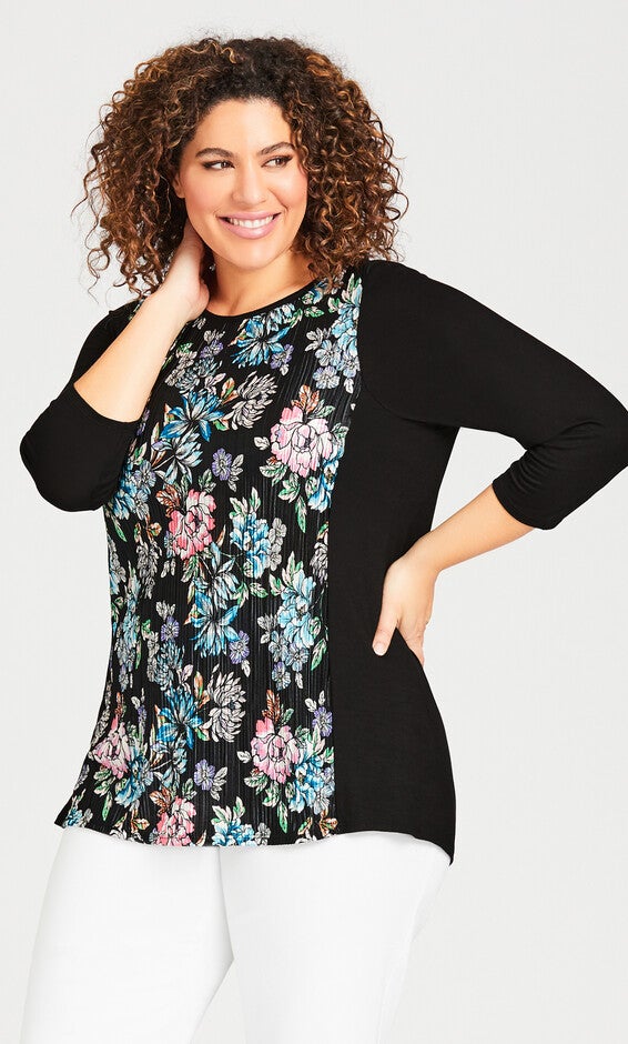 Pleated Floral 3/4 Sleeve Top - blue floral, Black, hi-res image number 0