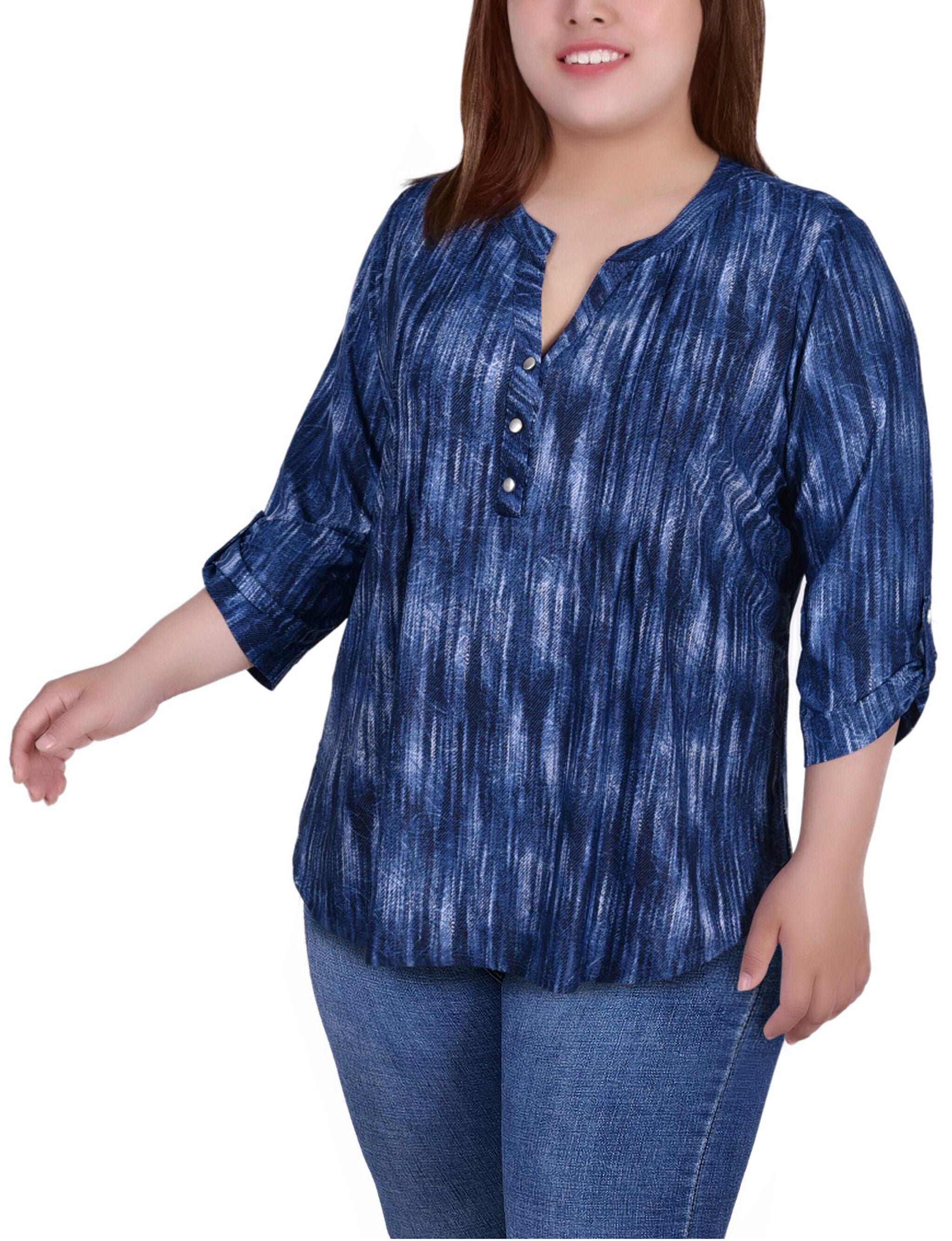 3/4 Sleeve Y Neck Top, Denim Tiedye, hi-res image number 0
