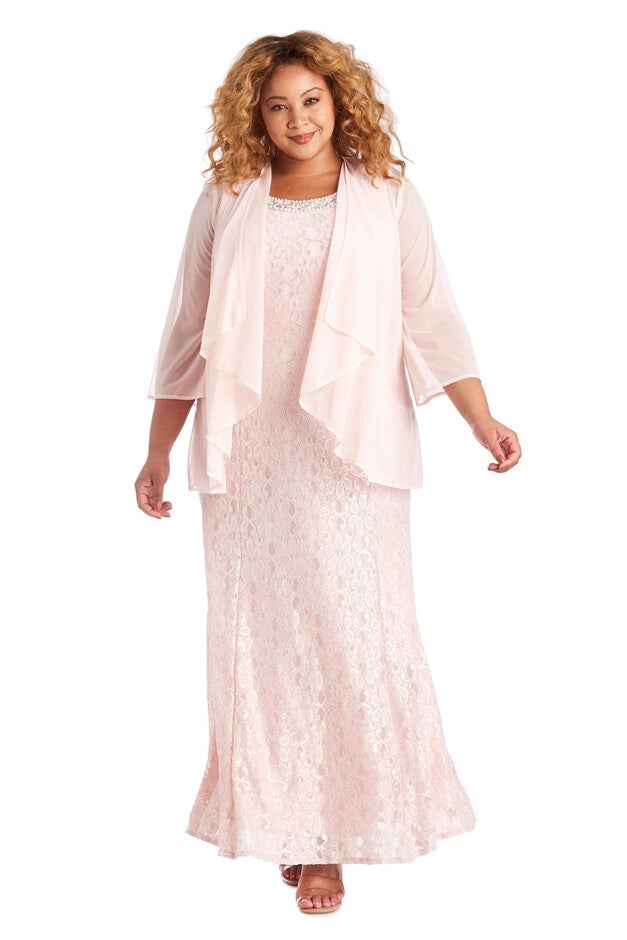 Long Flyaway Sheer Jacket Over Lace Aline Dress With Beaded Necklace, Blush, hi-res image number null