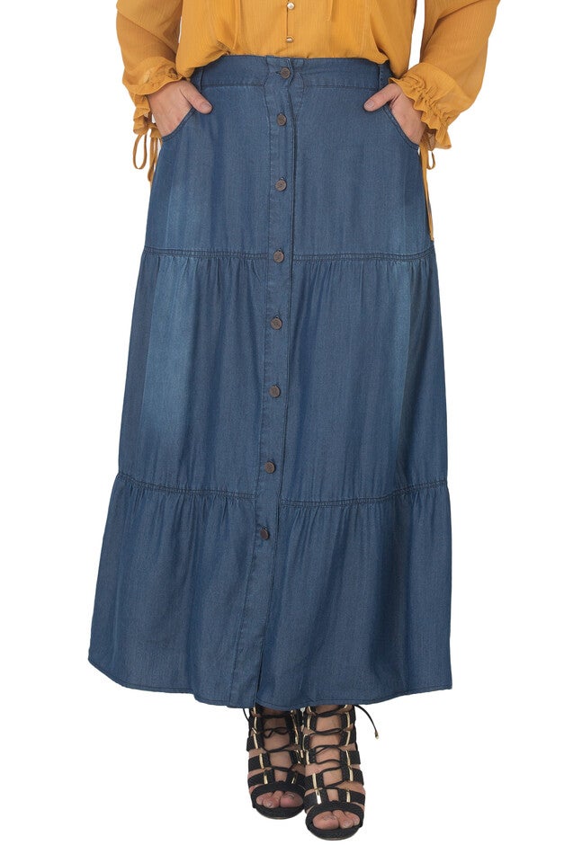 Women's Plus Size Tencel Denim Maxi Peasant Skirt, Dark Blast, hi-res image number null