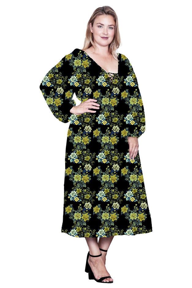 Floral-Print Sheer Sleeve Midi Dress, Blackabstract / Black, alternate image number null