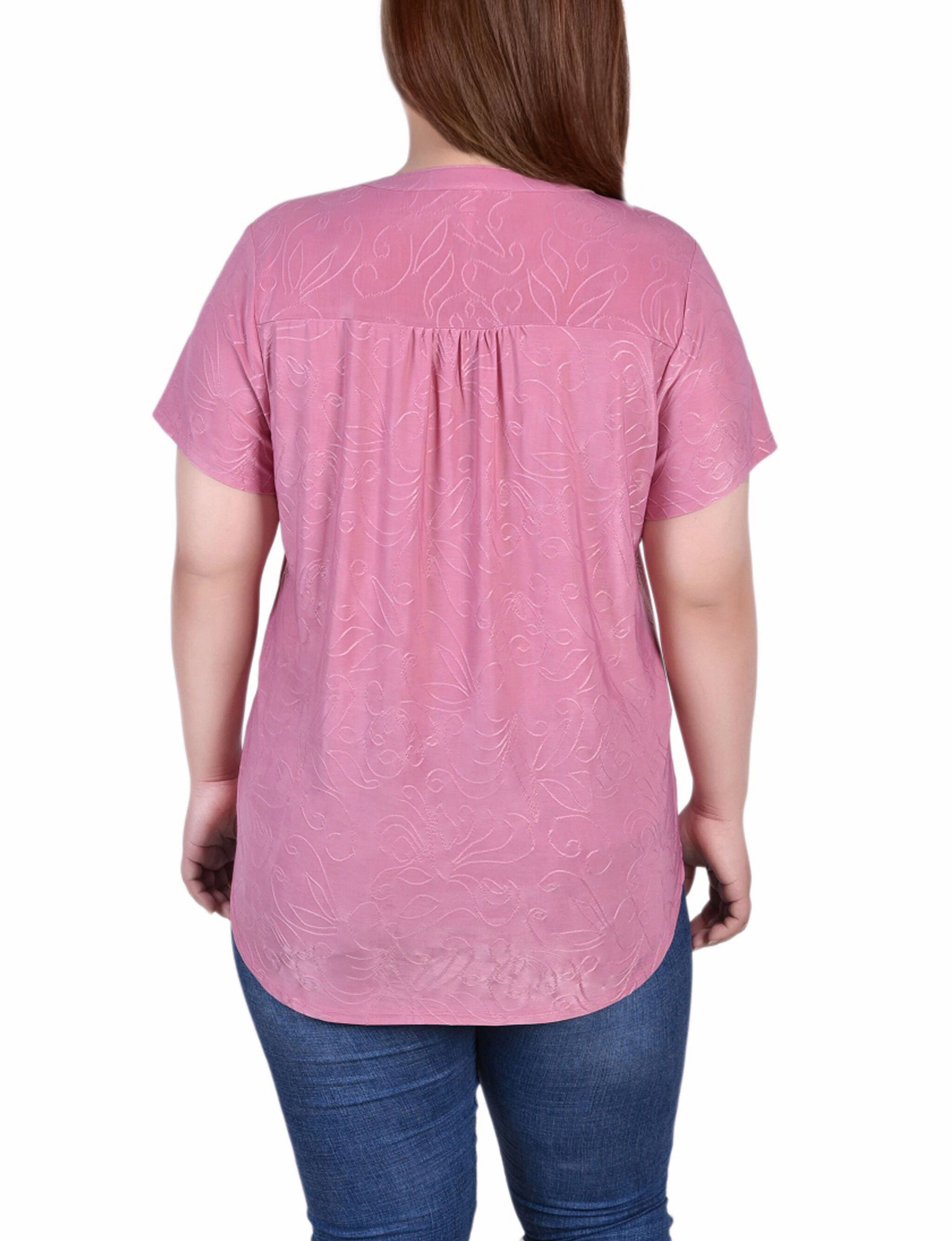 Short Sleeve Y Neck Jacquard Knit Top, Polignac, alternate image number 2