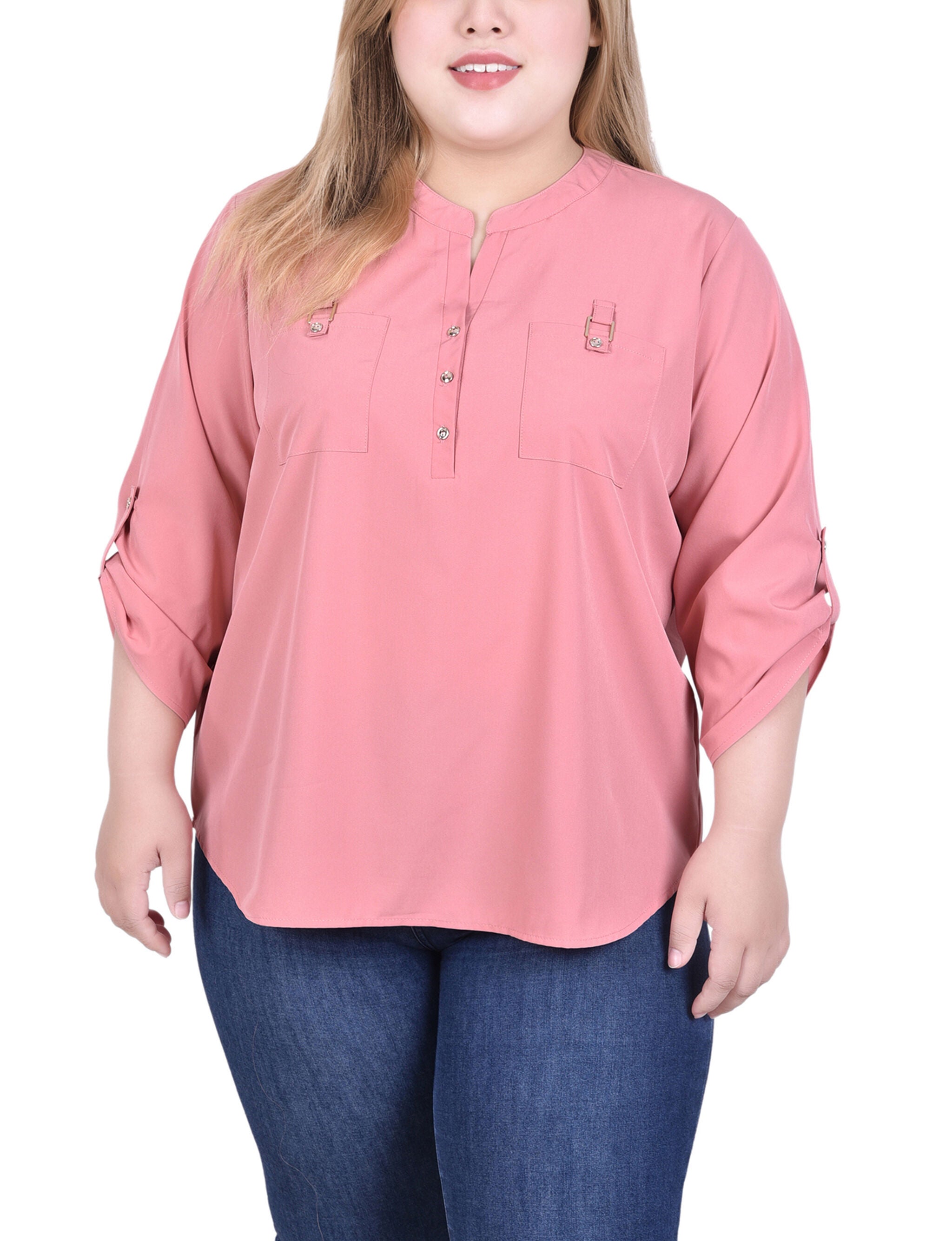 3/4 Tabbed Sleeve Y Neck Blouse, Dusty Rose, hi-res image number 0