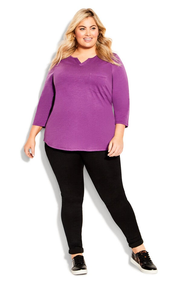 Notch Neck 3/4 Sleeve Plain Tee - deep lilac, , alternate image number 1