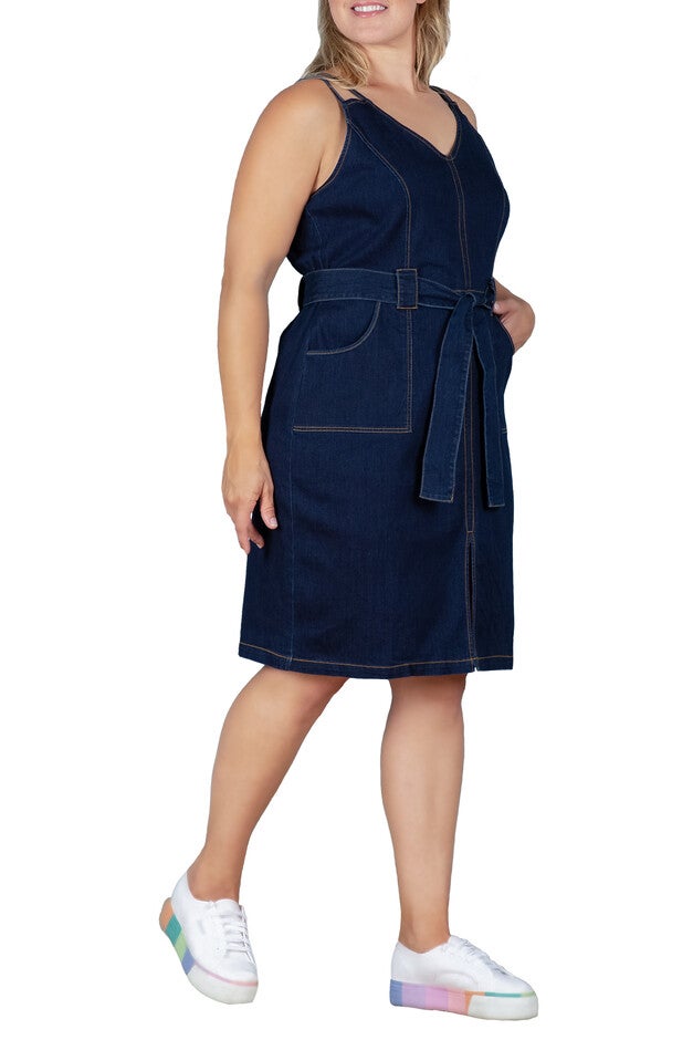 Gianna Women's Denim Front Slit Double Strap Casual Midi Dress | OneStopPlus Gianna Women's Denim Front Slit Double Strap Casual Midi Dress | OneStopPlus